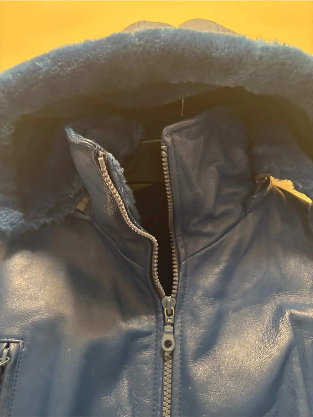 Wilda Royal Blue Genuine Leather Hooded Bomber style Coat with Belt